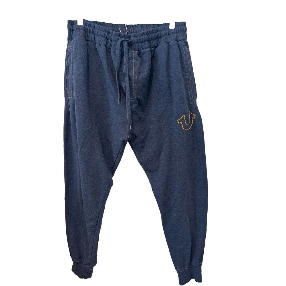 True Religion Mens Horseshoe Thick Stitch Jogger Pants Loungewear Navy Blue L